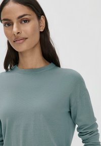 Hellgrüner Pullover mit langen Ärmeln, rundem Halsausschnitt und gerippten Bündchen, aus einem weichen, glatten Stoff gefertigt. Minimalistisches Design ohne Muster.