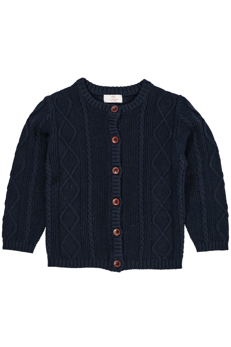 Cardigan de punto color navy con mangas largas, que presenta un patrón de punto trenzado, escote redondeado y botones de madera a lo largo del centro delantero.