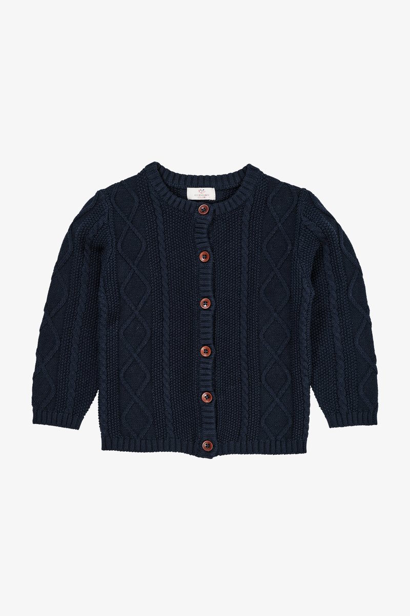 Cardigan de punto color navy con mangas largas, que presenta un patrón de punto trenzado, escote redondeado y botones de madera a lo largo del centro delantero.