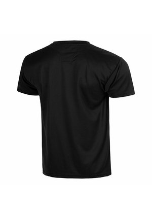 Schwarzes, kurzärmliges Sport-T-Shirt, von hinten gezeigt, mit Rundhalsausschnitt und glatter Stoffoberfläche.
