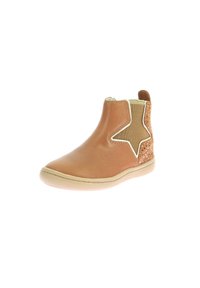 Stivale alla caviglia in pelle marrone con una stella intagliata sul lato, pannello elastico beige e suola in gomma leggera. Finitura liscia con dettagli perforati.