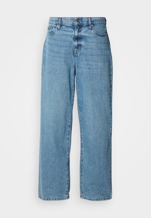 Svijetloplave široke traperice, izrađene od denima, s visokim strukom, pet džepova, suptilnim izbljeđivanjem i dugmadi na prednjem dijelu.