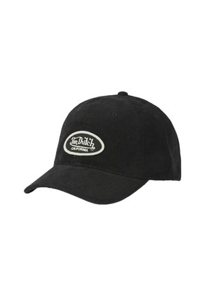Black corduroy baseball cap with a curved brim and a white oval patch that reads "Von Dutch California" on the front.