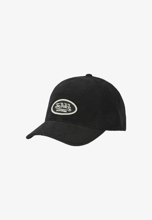 Black corduroy baseball cap with a curved brim and a white oval patch that reads "Von Dutch California" on the front.