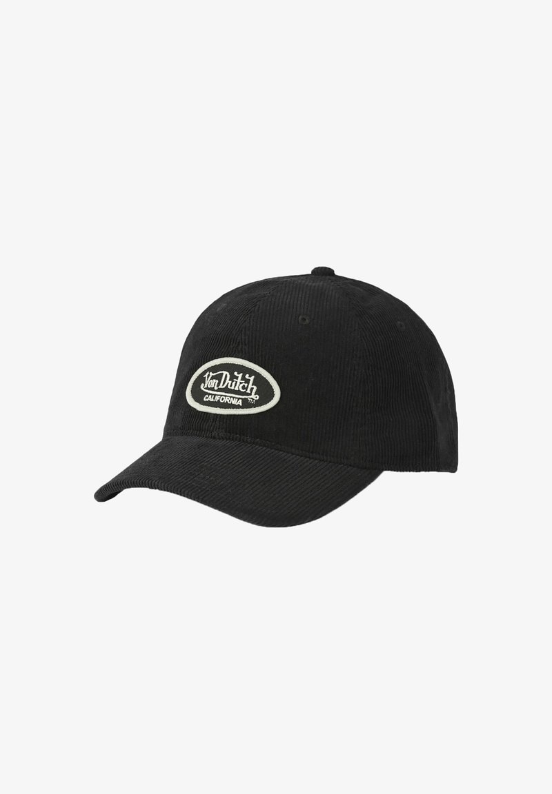 Casquette de baseball en velours côtelé noir avec une visière courbée et un patch ovale blanc portant l'inscription "Von Dutch California" à l'avant.