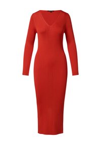 Rotes geripptes Strickkleid mit V-Ausschnitt, langen Ärmeln und taillierter Silhouette, das bis zum Knie reicht. Hergestellt aus dehnbarem Material.