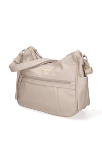 Borsa a mano in pelle beige con finitura testurizzata, dotata di chiusura a zip, tasca frontale e dettagli in metallo dorato. Include una tracolla regolabile.