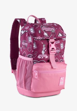 Paarse polyester rugzak met roze accenten, voorzien van een speels Hello Kitty-patroon, verstelbare bandjes, zijvak van mesh en een voorvak met rits.
