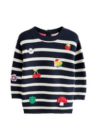 Navy and white striped knitted sweater with short sleeves; features embroidered panda, flowers, cherries, and a mushroom in various colors.