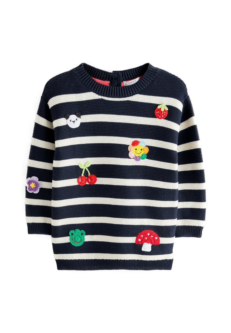 Navy and white striped knitted sweater with short sleeves; features embroidered panda, flowers, cherries, and a mushroom in various colors.