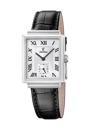 Orologio rettangolare argentato con quadrante bianco, numeri romani neri, cinturino in pelle nera e piccolo quadrante dei secondi alle 6, marca Festina.