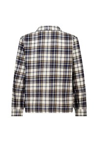 Plaid shirt in white, navy, and beige. Features a collar, long sleeves, and a boxy shape. Soft texture with a fabric pattern. Back view.