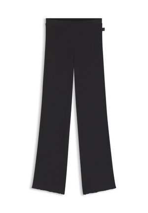 Pantalon noir taille haute à jambes larges avec une légère texture et des bords d'ourlet en forme de dentelle, posé à plat sur un fond blanc.