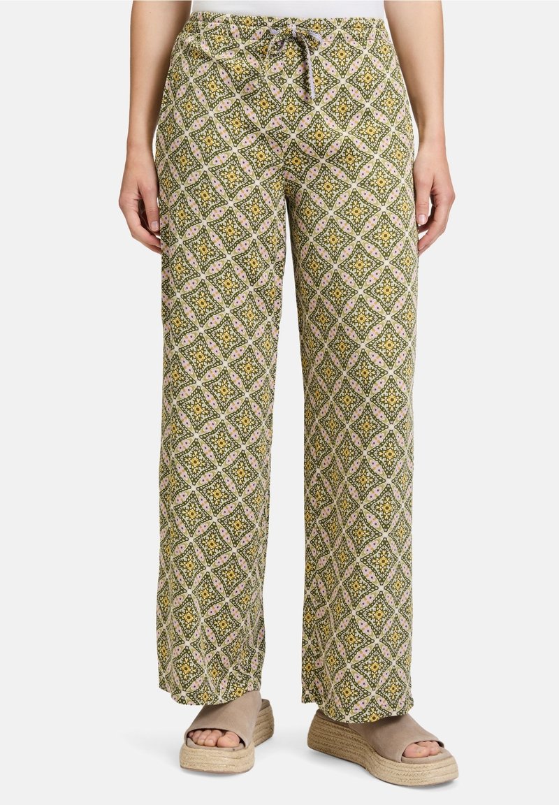 Pantalon large et ample avec motif floral losange vert et jaune, associé à des sandales compensées beige à bout ouvert sur fond blanc.