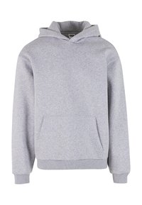 Sweat à capuche gris clair à manches longues avec poche kangourou à l'avant, en tissu doux.