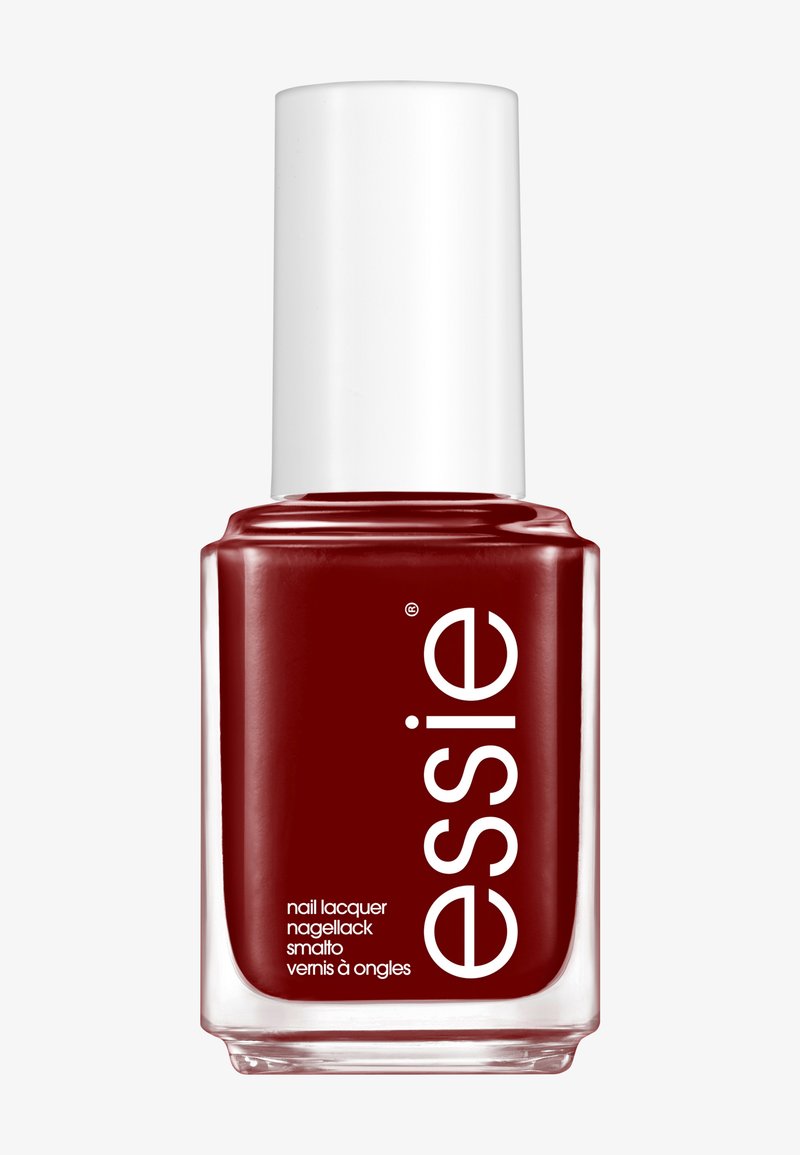 Vernis à ongles rouge dans un flacon en verre transparent avec un bouchon blanc. Le texte à l'avant comprend "essie" et des termes pour vernis à ongles en plusieurs langues.