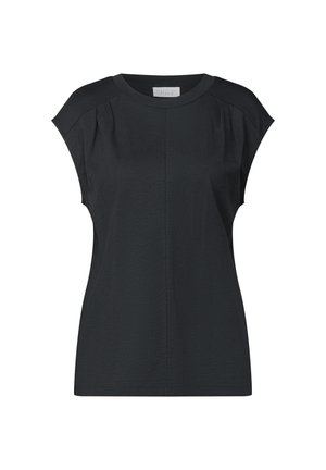 Haut noir à manches courtes avec un col rond, plis subtils aux épaules et une texture douce. Design simple et moderne.