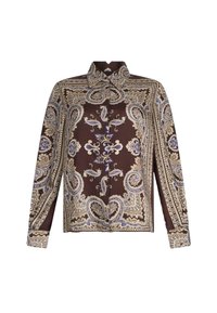 Blusa marrone a maniche lunghe con motivo paisley in oro e blu, dotata di collo e chiusura con bottoni, realizzata in tessuto liscio.
