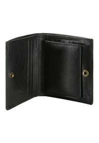 Portafoglio in pelle nera con finitura testurizzata, scomparti per multiple carte, un comparto centrale e chiusura a scatto.