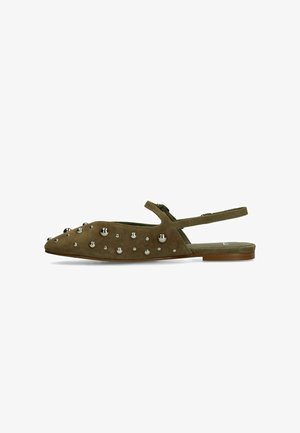 Olive green suede flat slingback shoe with pointed toe and silver round stud embellishments on upper.