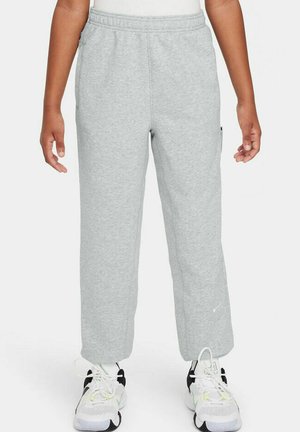 Graue Baumwoll-Sweatpants mit einem elastischen Bund, zwei seitlichen Taschen und einem kleinen Logo-Detail am Bein. Gerades Bein. 