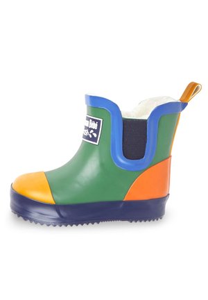Botte imperméable colorée pour enfant avec des panneaux verts, orange, bleus et jaunes, doublure en polaire et languette à l'arrière.