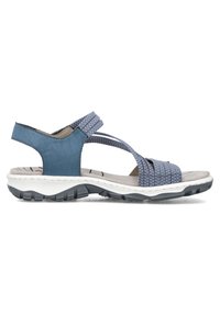 Blaue und graue Sandalen mit geflochtenen Riemen, gepolstertem Fußbett und strukturiertem Gummisohle mit tiefen Profilen für besseren Halt.
