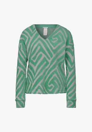 Zielony i szary sweter z dekoltem w serek, z teksturowanym, wzorzystym wzorem składającym się z zawijasów i linii. Długie rękawy i luźny krój.