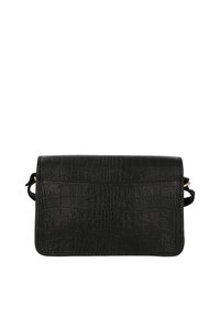 Black rectangular crossbody bag with crocodile texture, flap closure, and adjustable strap with gold-tone hardware.