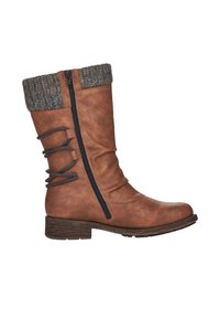 Botte en cuir marron mi-mollet avec fermeture éclair latérale noire, revers en maille grise, lacets élastiques marron décoratifs et talon bas empilé.