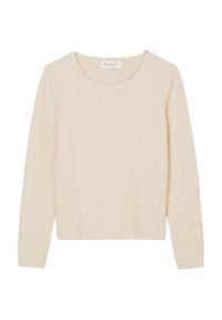 Beige ribbed knit -neule, jossa on pyöreä pääntie, pitkät hihat ja hieman lyhyt helma. Tunnus lukee "Marc O'Polo." Sileä rakenne.