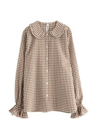 Ruskea ja valkoinen ruudullinen paita pitkillä puffipaisilla, röyhelöhihoilla, napit edessä ja pyöreällä kauluksella.