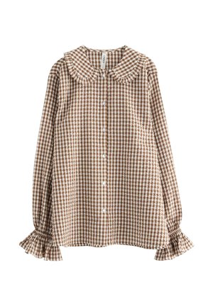 Ruskea ja valkoinen ruudullinen paita pitkillä puffipaisilla, röyhelöhihoilla, napit edessä ja pyöreällä kauluksella.