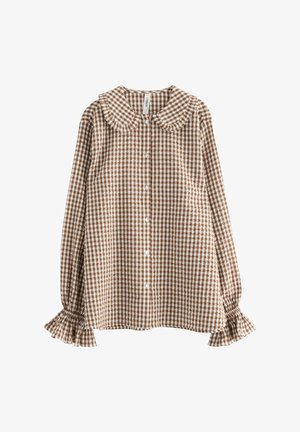 Brun og hvid gingham-sjekkebluse med lange puffede ærmer, flæsedetaljer ved manchetterne, knaplukning foran og rund krave.