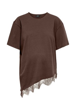 Bruin zwangerschapsshirt met korte mouwen, een ronde hals en een asymmetrische zoom met kanten rand aan één zijde.