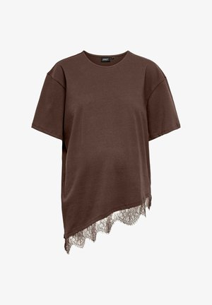 Ruda trumpomis rankovėmis nėščiųjų palaidinė su apvalia iškirpte ir asimetrišką apačią, kurioje vienoje pusėje yra nėrinių apdaila.