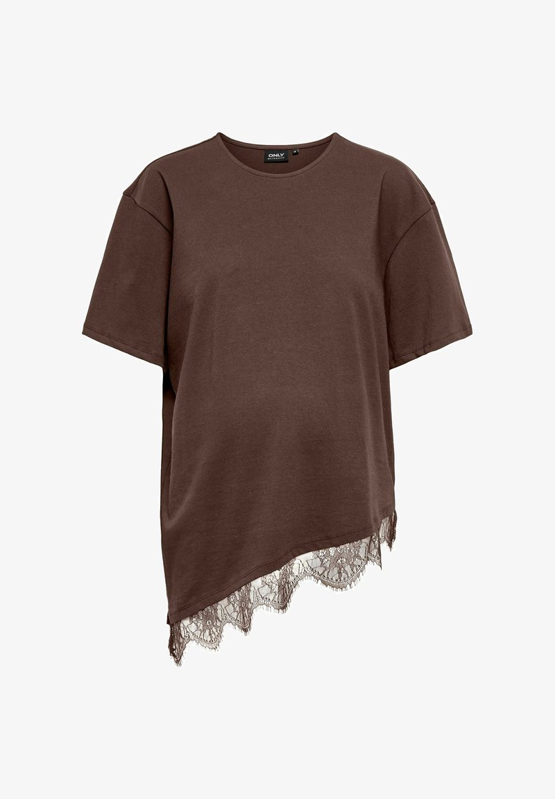 Barna, rövid ujjú kismamaruha felső kerek nyakkivágással és aszimmetrikus szegéllyel, melynek egyik oldalán csipkedíszítés található.