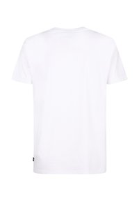 Hvid bomulds t-shirt med korte ærmer, rund hals og lige snit. Har et lille mærke nederst til venstre.