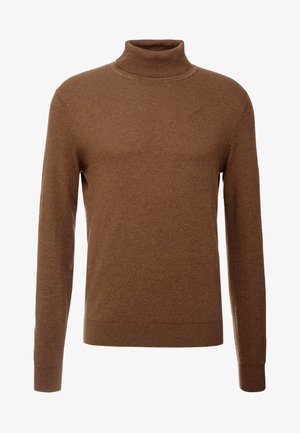 Brown turtleneck sweater made of soft fabric, featuring long sleeves, ribbed cuffs, and a fitted design with no visible patterns.