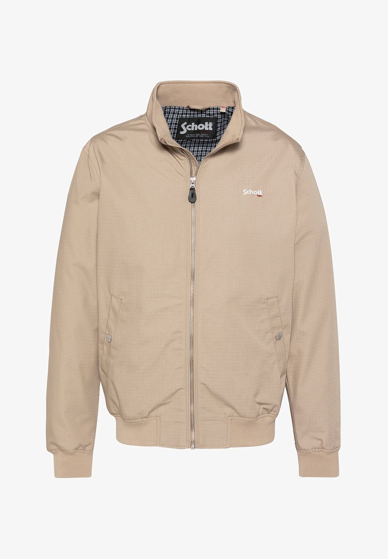 Giacca beige con cerniera, polsini e orlo a coste, due tasche con bottoni a pressione e fodera interna del colletto a quadri, con il logo "Schott" sul petto.
