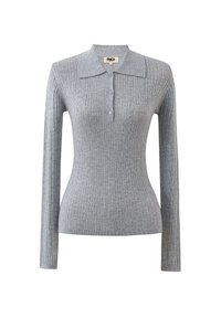 Lichtgrijze ribstof trui met lange mouwen en polo-kraag met drie knopen, slim fit.