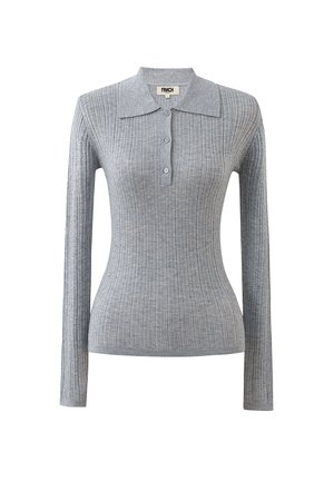 Hellgraues, geripptes Langarm-Polohemd mit drei Knöpfen und breitem Kragen, slim fit.