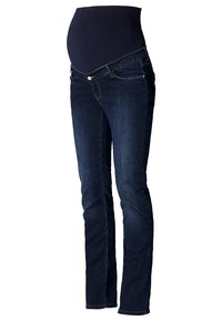 Pantalones vaqueros de maternidad en denim azul oscuro con una cintura ancha y elástica que cubre el abdomen y un corte recto; ligero desgastado cerca de las rodillas.