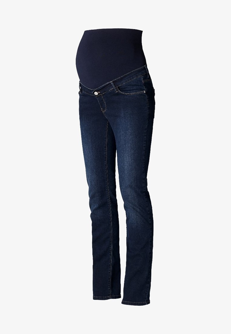 Pantalones vaqueros de maternidad en denim azul oscuro con una cintura ancha y elástica que cubre el abdomen y un corte recto; ligero desgastado cerca de las rodillas.