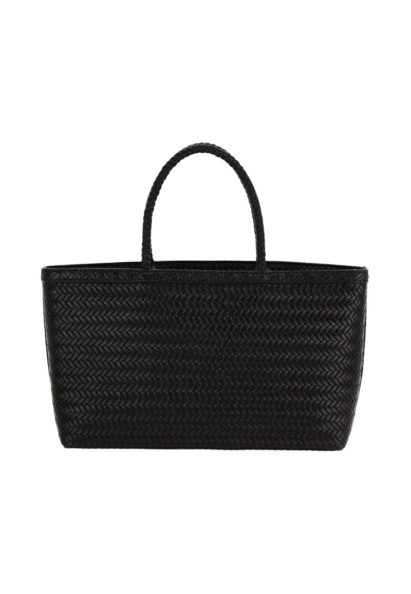Zwarte geweven draagtas met gevlochten handvatten, rechthoekige vorm en een gestructureerd oppervlak. Ontworpen voor dagelijks gebruik en casual uitstapjes.