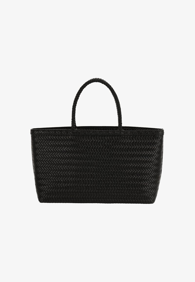 Zwarte geweven draagtas met gevlochten handvatten, rechthoekige vorm en een gestructureerd oppervlak. Ontworpen voor dagelijks gebruik en casual uitstapjes.
