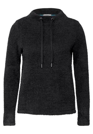 Zwarte fleece sweatshirts met een hoge hals, lange mouwen en verstelbare trekkoorden. Beschikt over een zachte, gestructureerde oppervlakte.