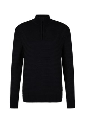 Zwarte pullovertrui met een ritskraag, textuur gebreide stof, lange mouwen en geribde manchetten en zoom voor een snug fit.