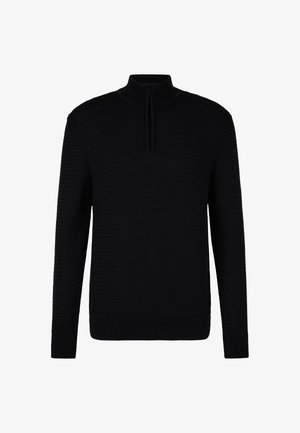 Schwarzer Pullover mit Reißverschlusskragen, strukturiertem Strickstoff, langen Ärmeln sowie gerippten Bündchen und Saum für eine enganliegende Passform.