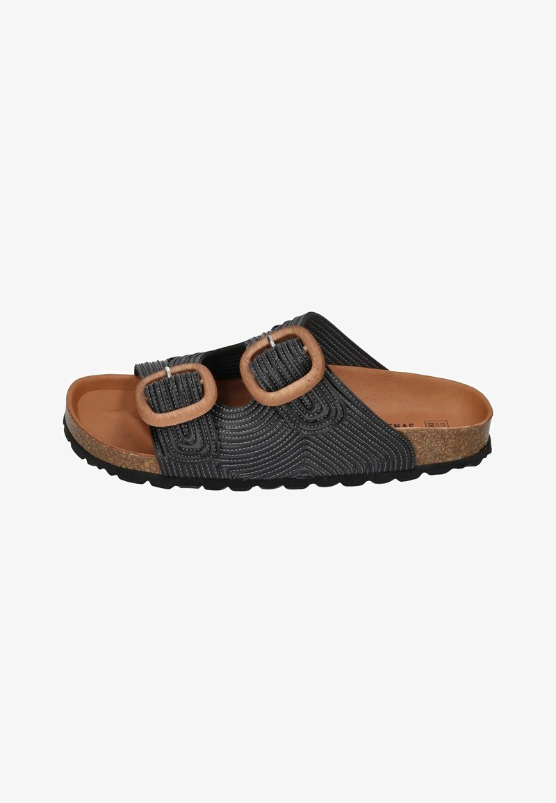 Black slide sandal with cork footbed, two adjustable buckle straps, and textured fabric upper featuring a wavy pattern. Rubber sole.